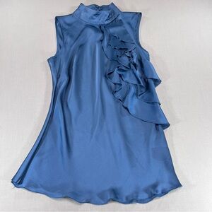 Kenar Women’s M Blue Satin Ruffle Front Sleeveless Top Mock Neck Blouse